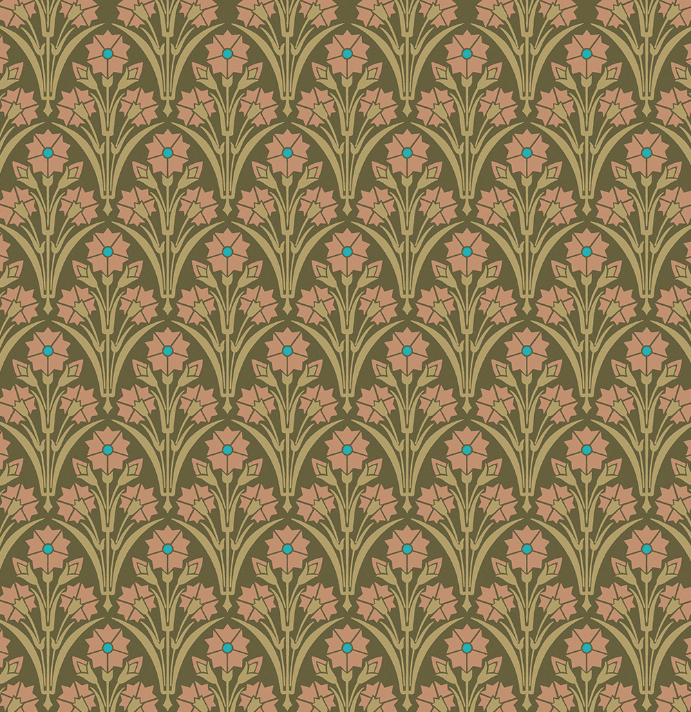 Victorian Style Wallpaper | Green Bachelor Button Floral Wallpaper