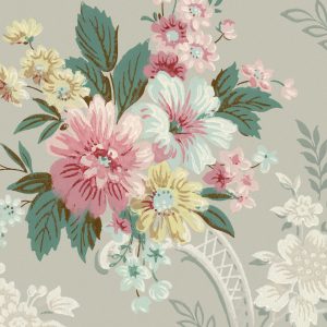 Flora features a vintage-style floral pattern with pink, yellow, and white flowers and green leaves on a light beige background—ideal for set design or home décor.