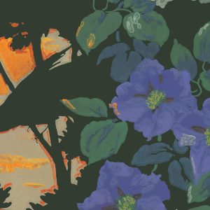 Birdsong features purple flowers and green leaves with a silhouetted tree against an orange sunset, capturing vintage wallpaper charm—perfect for adding elegance to set design.
