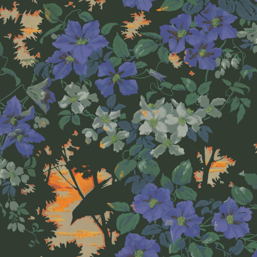 Birdsong features blue and white flowers with green leaves on a dark background, highlighted by an orange and yellow sunset visible through the foliage.