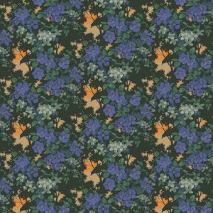 Birdsong is a seamless vintage wallpaper featuring dark green foliage, blue flowers, and white blossoms on a dark background with orange and yellow sunset highlights—ideal for set design inspiration.