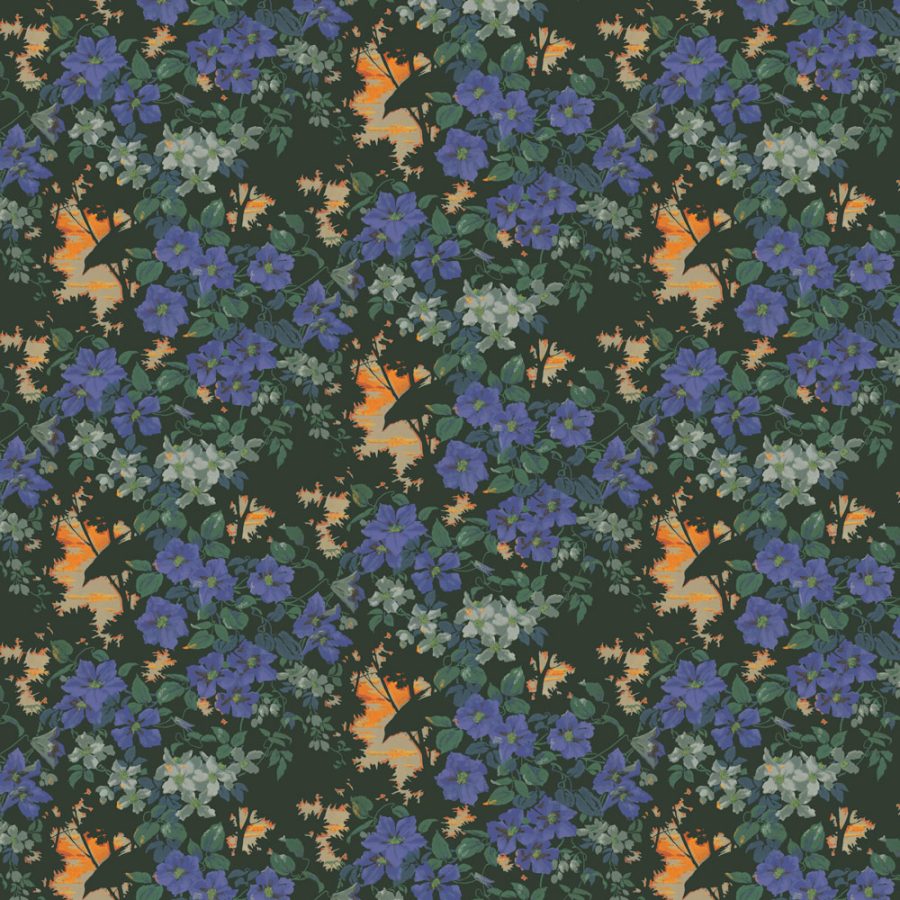 Birdsong is a seamless vintage wallpaper featuring dark green foliage, blue flowers, and white blossoms on a dark background with orange and yellow sunset highlights—ideal for set design inspiration.