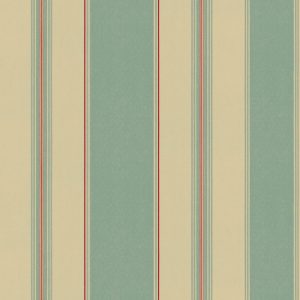 Bold Stripe wallpaper features vertical wide beige and teal stripes divided by thin red and blue lines, creating a simple, symmetrical look.