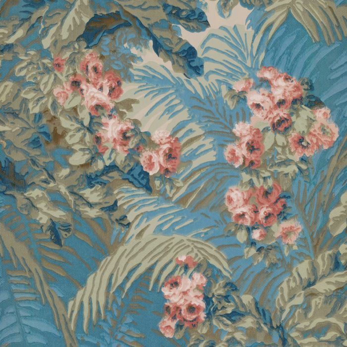 The Palm Garden features a vintage-inspired floral pattern with pink flowers and green leaves on a blue and beige background.
