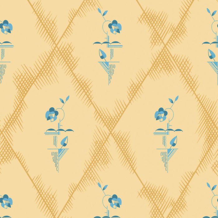 Deco Diamond features a repeating pattern of blue stylized flowers in vases with yellow diagonal lattice lines on a beige background, perfect for vintage wallpaper or set design.