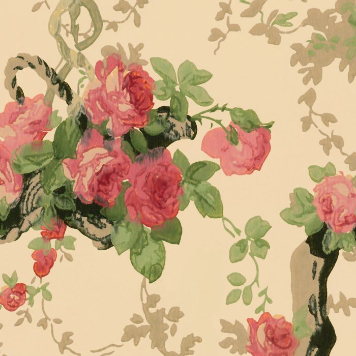 Rose Garlands wallpaper showcases pink roses, green leaves, and curling vines on a beige background with dark branches—perfect for set designs seeking a classic and romantic style.