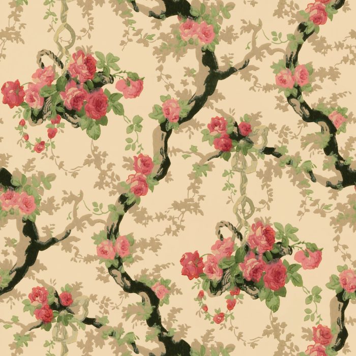 Rose Garlands features a repeating pattern of dark tree branches with clusters of pink and red roses and green leaves on a light beige background, ideal for vintage wallpaper or set design.