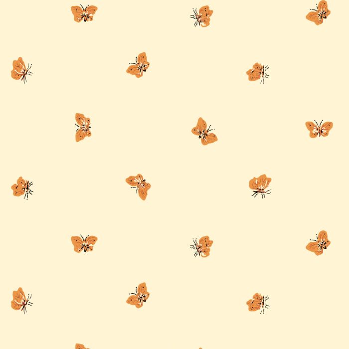 Flutterbies features a pattern of small orange butterflies and flowers scattered evenly on a pale yellow background.