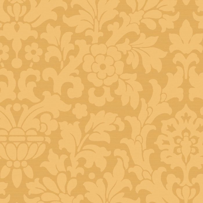 Saffron Essex is a yellow and beige damask wallpaper featuring a repeating floral and leaf pattern, ideal for creating a vintage-inspired set design.