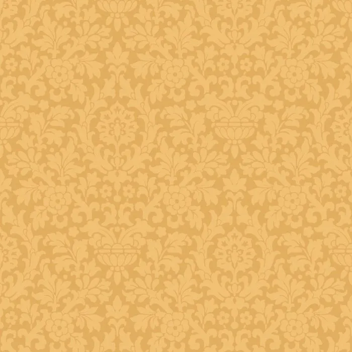 Saffron Essex features a seamless, ornate floral damask pattern in gold and yellow with symmetrical leaves and flowers on a textured background—ideal for vintage wallpaper or elegant set design.