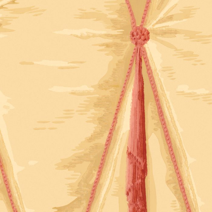 Illustration of Tufted Silk in beige, featuring a red braided cord with a decorative knot and tassel—ideal for set designs inspired by vintage wallpaper or Hollywood Regency style.