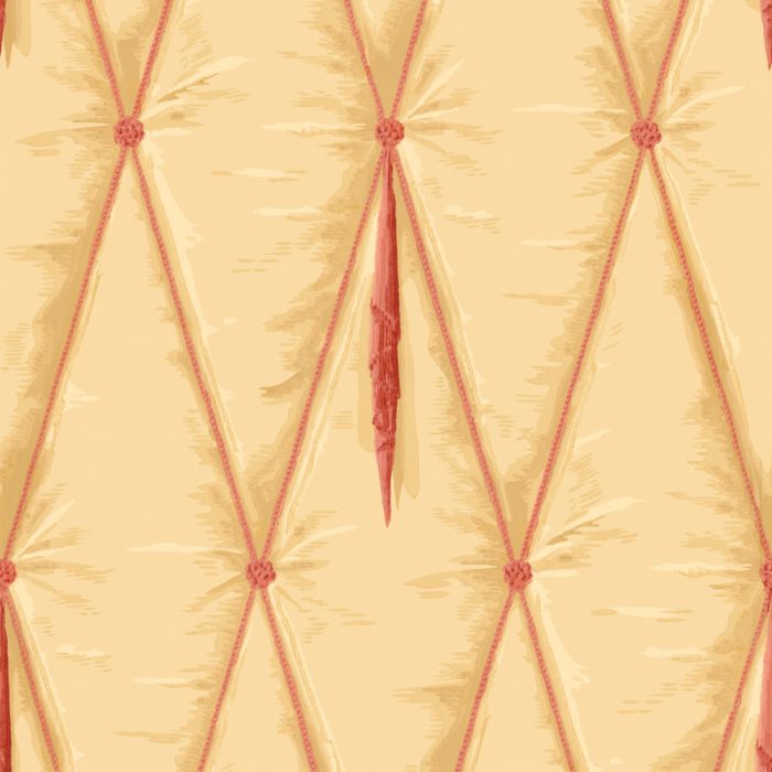Tufted Silk features a beige quilted fabric with diamond stitching and reddish-brown tufted accents, combining a vintage wallpaper charm with subtle Hollywood Regency elegance.