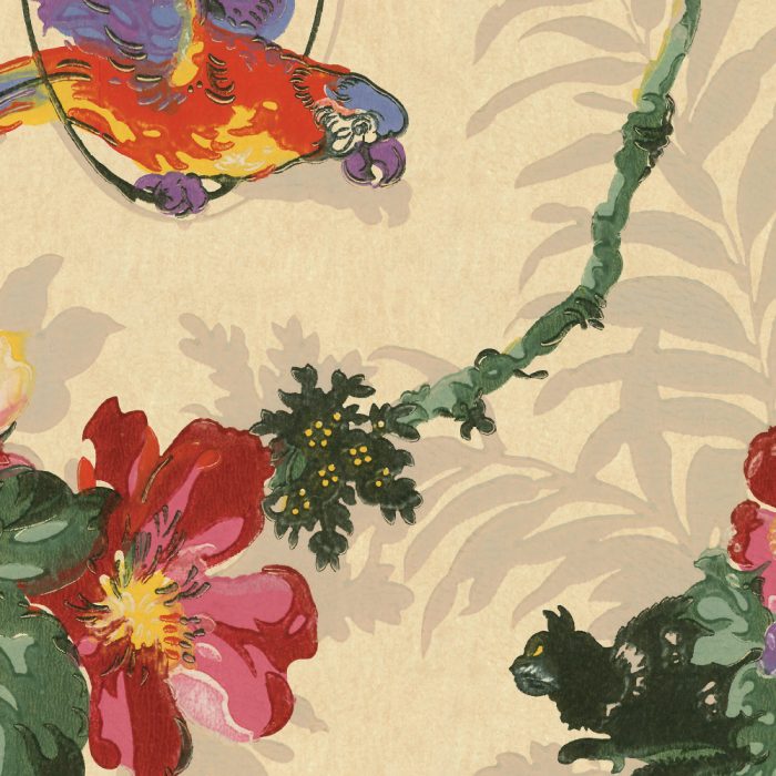 Polly's Predicament features a vibrant parrot on a branch, framed by bold red flowers and lush green leaves over a beige backdrop—ideal for vintage wallpaper or inspiring set designs.