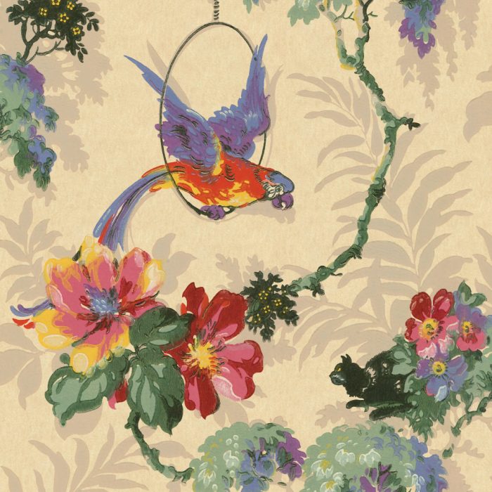 Polly's Predicament features a colorful parrot perched amid vibrant flowers and lush foliage, set against a beige background with subtle leaf patterns—a perfect choice for adding vintage charm to any unique set design.