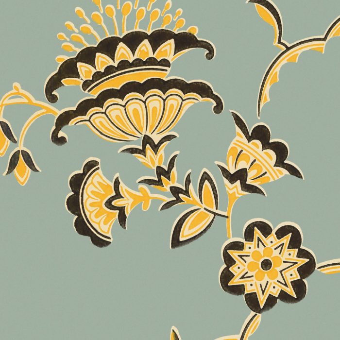 Deco Floral features a stylized ornate pattern of yellow, black, and white flowers with leaves on a muted green background—ideal for vintage wallpaper or art deco-inspired set design.