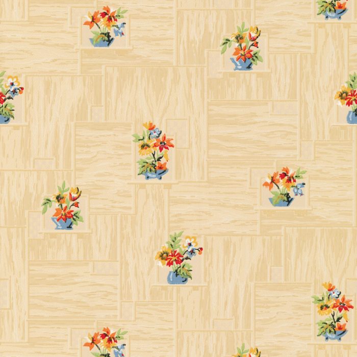 Marjorie is a patterned vintage wallpaper featuring a beige, wood-inspired background and repeating colorful flower bouquets in blue vases—ideal for adding unique flair to set design.