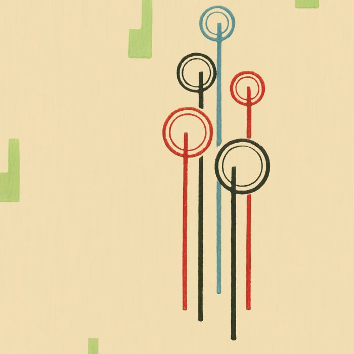 Hackensack features an abstract, vintage-inspired design with black, red, and blue vertical lines topped with circles on a light beige background accented by green geometric shapes.