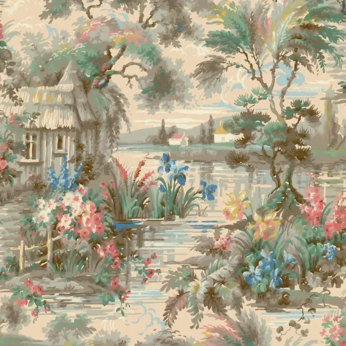 Wannabe Bayou: A scenic, vintage-style illustration of a lakeside landscape with colorful flowers, trees, a thatched cottage, and distant buildings under a cloudy sky—ideal as vintage wallpaper or set design inspiration.