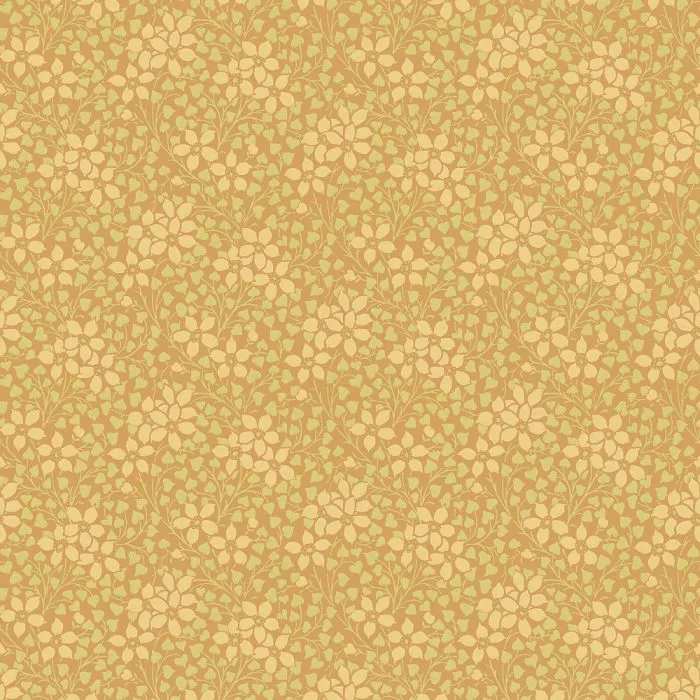 Blanket of Petals features a seamless pattern of beige flowers and green leaves on a light brown background. This vintage-inspired design, densely arranged and uniformly repeating, is perfect for stylish interiors or set design.
