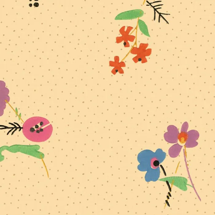 Adelaide features a beige background with small polka dots and scattered red, purple, pink, and blue flowers plus green leaves—perfect for vintage-inspired wallpaper or whimsical set design.
