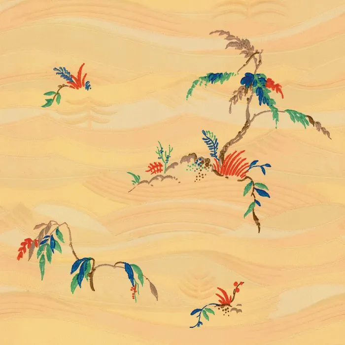 Windsong features a stylized illustration of plants with colorful leaves and branches on a light, wavy beige background, blending vintage wallpaper charm with subtle art deco influences.