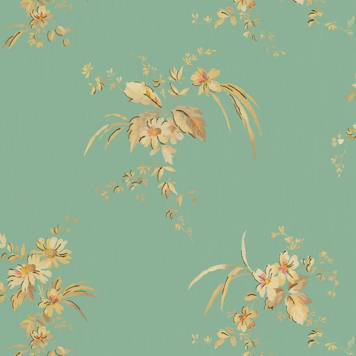Summer Green wallpaper features a green background adorned with yellow and beige floral bouquets and scattered leaves—ideal for set design or bringing timeless charm to any space.