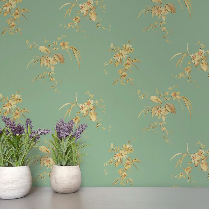 Summer Green wall with vintage yellow floral wallpaper and two small lavender plants in white pots positioned at the lower left—a perfect accent for a charming set design.