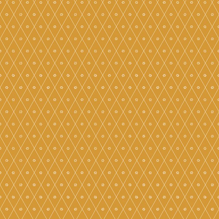 Diamond Dots features a seamless diamond grid with small white flowers at each intersection on a mustard yellow background, ideal for vintage wallpaper or stylish set design.