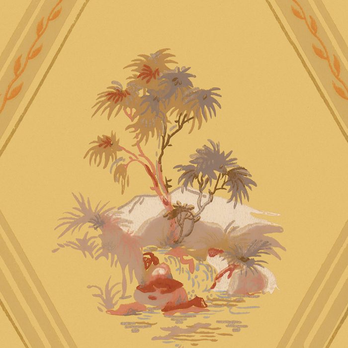 Vignettes features a stylized small tropical oasis with palm trees and rocks on a yellow backdrop and patterned borders, evoking vintage wallpaper and providing set design inspiration.