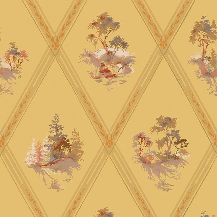 Vignettes features a repeating diamond pattern on a yellow background with small landscape scenes—trees, plants, and water—inside each diamond, evoking vintage wallpaper and offering unique set design inspiration.