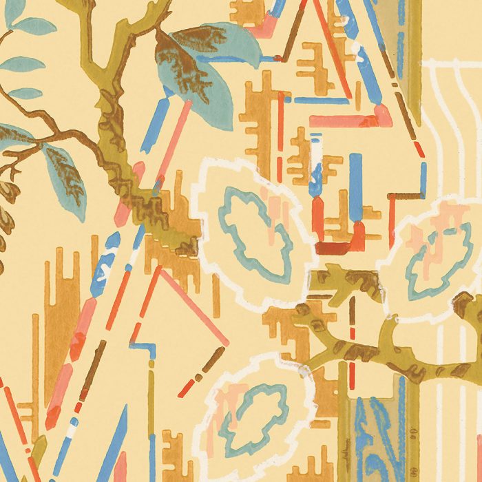 Taos features a vintage wallpaper-inspired abstract floral pattern with curved branches, blue and green leaves, and geometric shapes in yellow, gold, red, and blue on a beige background—perfect for set design with timeless style.