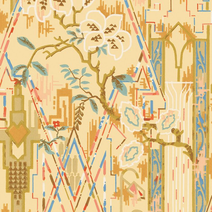 Geometric shapes and stylized floral branches in muted tones decorate the Taos vintage wallpaper, inspired by Art Deco—perfect for set design.