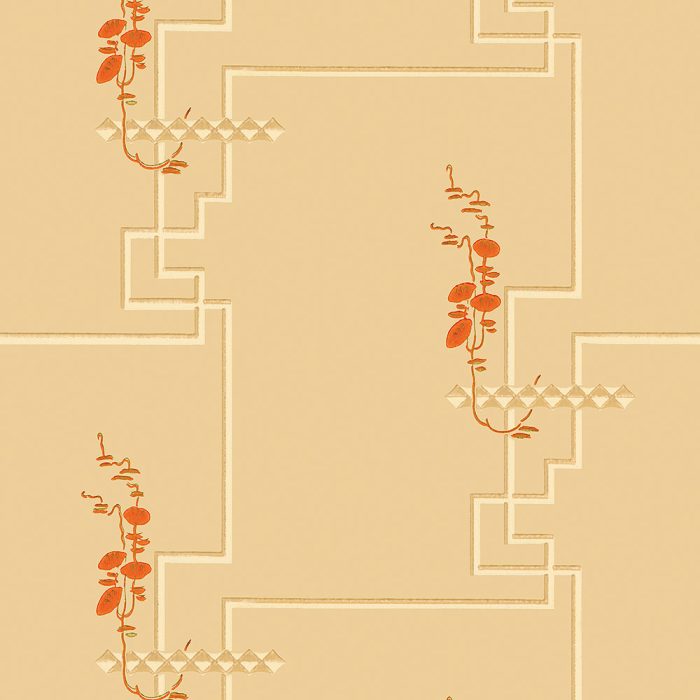 Philippe is a beige vintage wallpaper featuring a cream geometric pattern and small vertical red floral motifs, ideal for set design or adding an art deco vibe to any space.