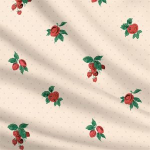Cherries & Berries features cream-colored fabric with small polka dots and clusters of red fruit and green leaves, evoking vintage wallpaper—ideal for adding a charming touch to set designs.