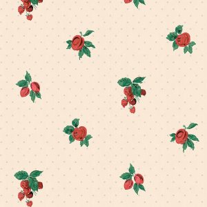 Cherries & Berries features a beige background with small grey dots and clusters of red fruits and green leaves, offering a vintage wallpaper look ideal for kitschy set design.