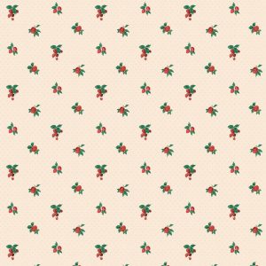 Cherries & Berries features a seamless pattern of small red berries and green leaves, evenly spaced on a light beige background with dotted accents—ideal for vintage wallpaper or elegant set design.