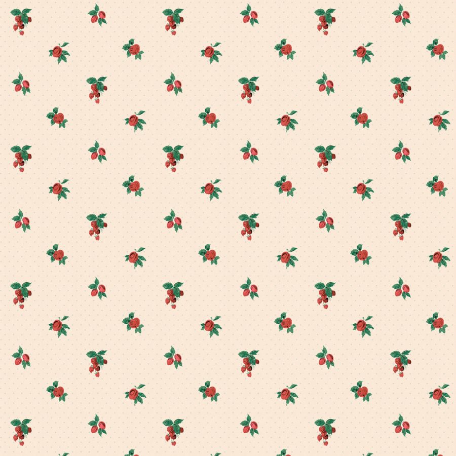 Cherries & Berries features a seamless pattern of small red berries and green leaves, evenly spaced on a light beige background with dotted accents—ideal for vintage wallpaper or elegant set design.