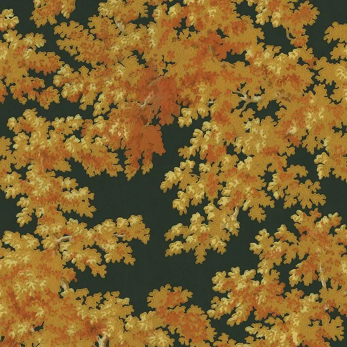 Bower in Gold features dense clusters of orange and yellow autumn leaves overlapping on a dark green background in a repeating pattern, ideal for vintage wallpaper or set design.