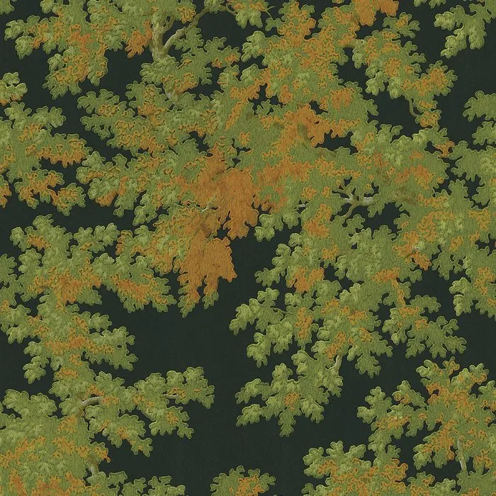 Dense green foliage fills the frame in Bower in Green, creating a vintage wallpaper effect with overlapping leafy branches against a dark background—perfect inspiration for set design.