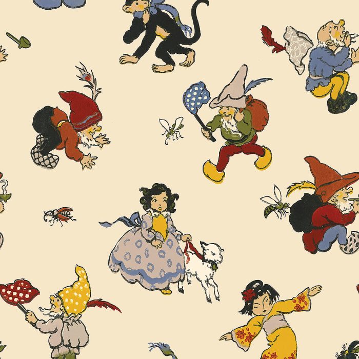 Illustration from "Gnomes" shows children, gnomes, and animals on a cream background interacting with insects; some wear bright clothes and hold nets.