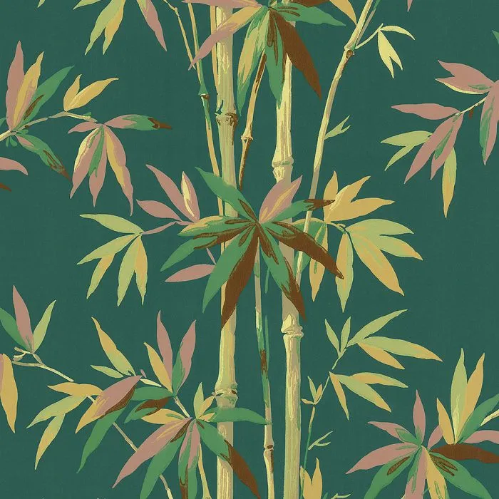 Bamboo features illustrated stalks with green, yellow, and pink leaves on a dark green background—ideal for vintage wallpaper or stylish set design.