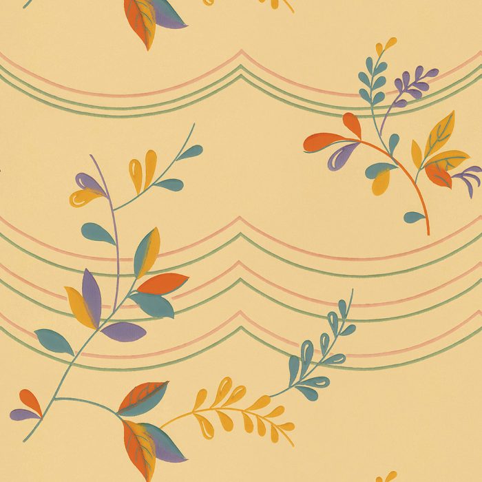 Fiesta features colorful, stylized leaves and branches on a beige background with curved, multicolored lines—a perfect choice for set design or capturing the charm of vintage wallpaper.