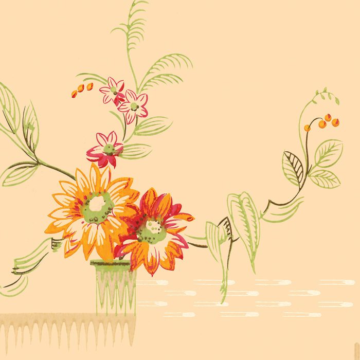 Virginia: Illustration of orange and yellow flowers in a vase with green leaves, pink blossoms, and a beige background with a decorative border—ideal for vintage wallpaper or art deco-inspired set design.
