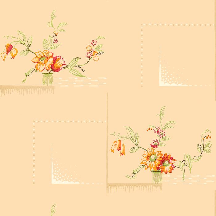 Virginia features a beige background with repeating vases of orange and yellow flowers, green leaves, and pink blossoms, all framed by dotted and shaded square borders—ideal for vintage wallpaper or elegant set design.