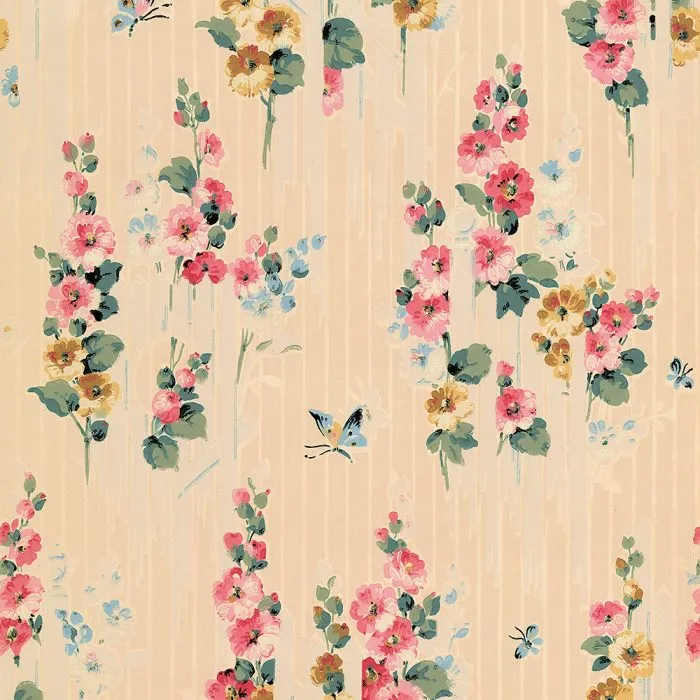 Hollyhock wallpaper features a beige vintage design with repeating pink, yellow, and blue flowers, green leaves, plus butterflies and bees—ideal for adding charm to any set design.