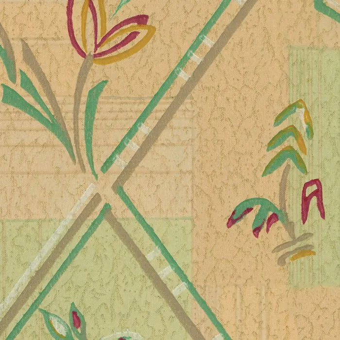 As You Wish" features an abstract floral pattern with stylized flowers and leaves in green, red, and yellow on a textured beige background with diagonal lines—ideal for set design or art deco-inspired wallpaper themes.
