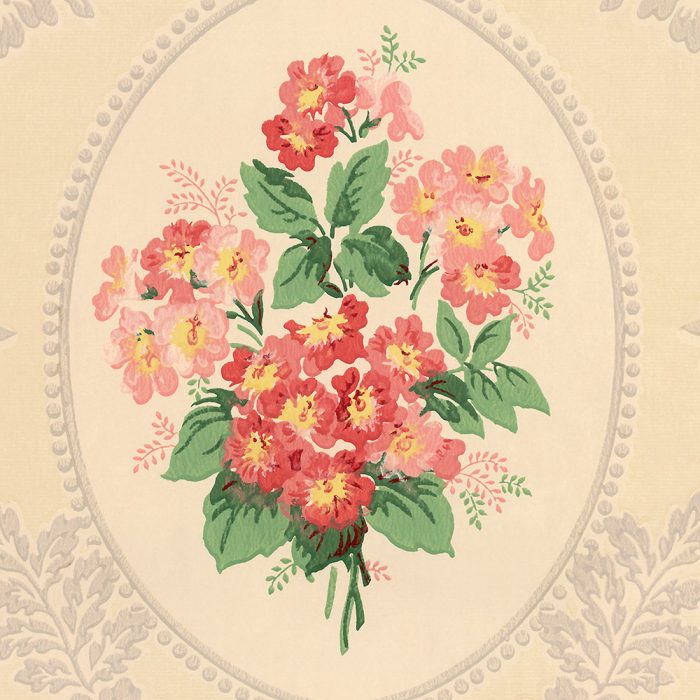The "Rose Bouquet" shows pink and red flowers with green leaves in an oval frame on a beige, leafy background—ideal for vintage wallpaper or elegant set design.