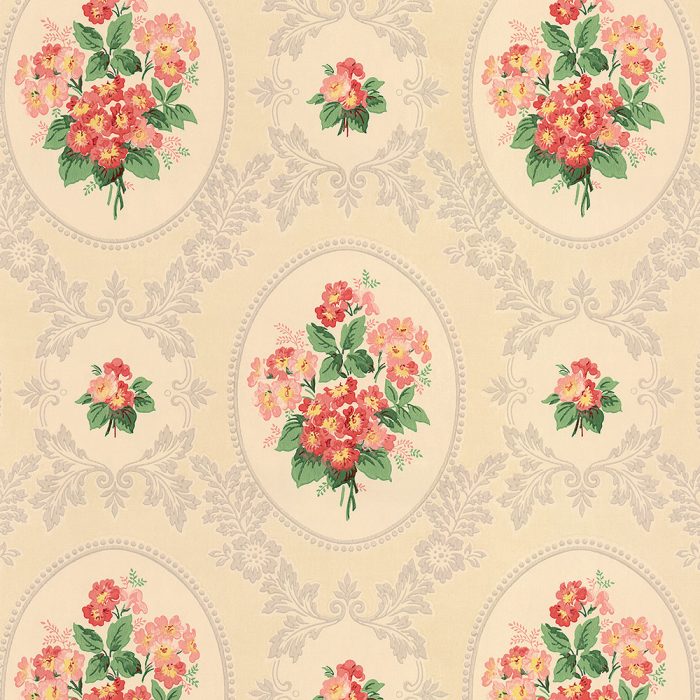 Rose Bouquet vintage beige wallpaper features repeating oval frames, each holding a bouquet of red, pink, and yellow flowers with green leaves, accented by decorative gray patterns—ideal for adding charm to any set design.