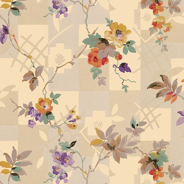 Patchwork Floral is a beige patterned art deco wallpaper with geometric shapes and colorful clusters of purple, yellow, and red flowers—ideal for vintage wallpaper enthusiasts or set design projects.