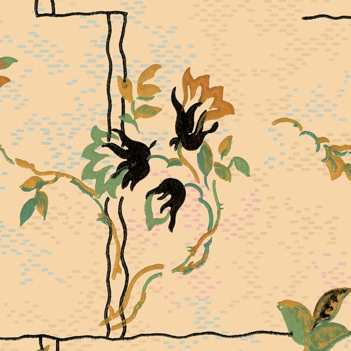 Harriet features a stylized floral pattern with black and brown flowers, green leaves, and abstract lines on a beige background accented with blue and pink—ideal for vintage wallpaper or elegant set design.